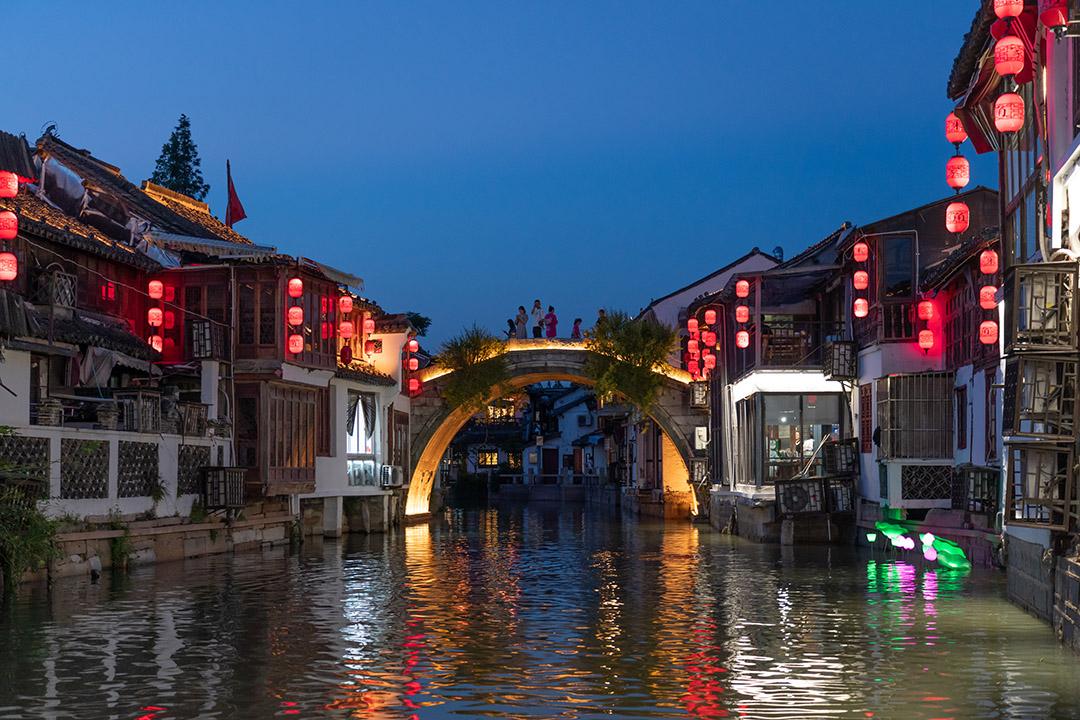 A water town canal at night